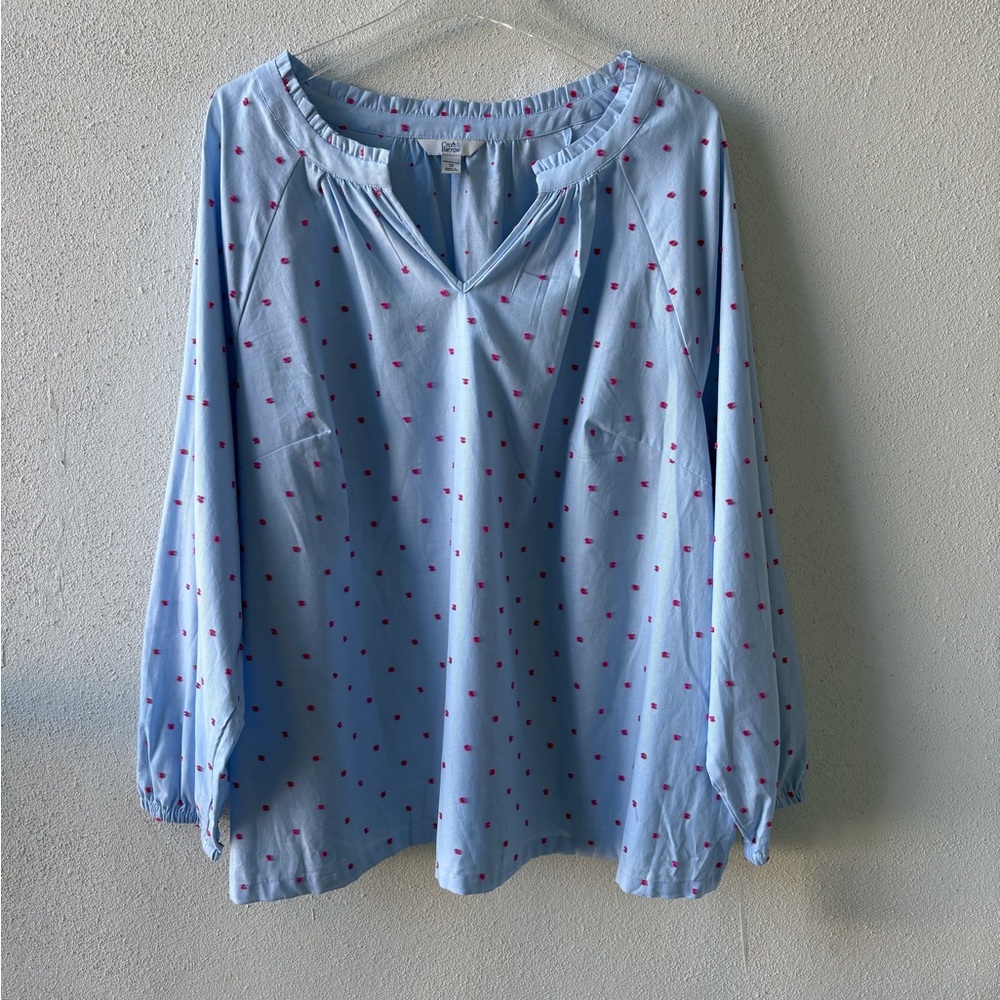 Croft‎ & Barrow 3X Long Sleeve Popover Top Blue NWT Casual Office Ruffle Neck